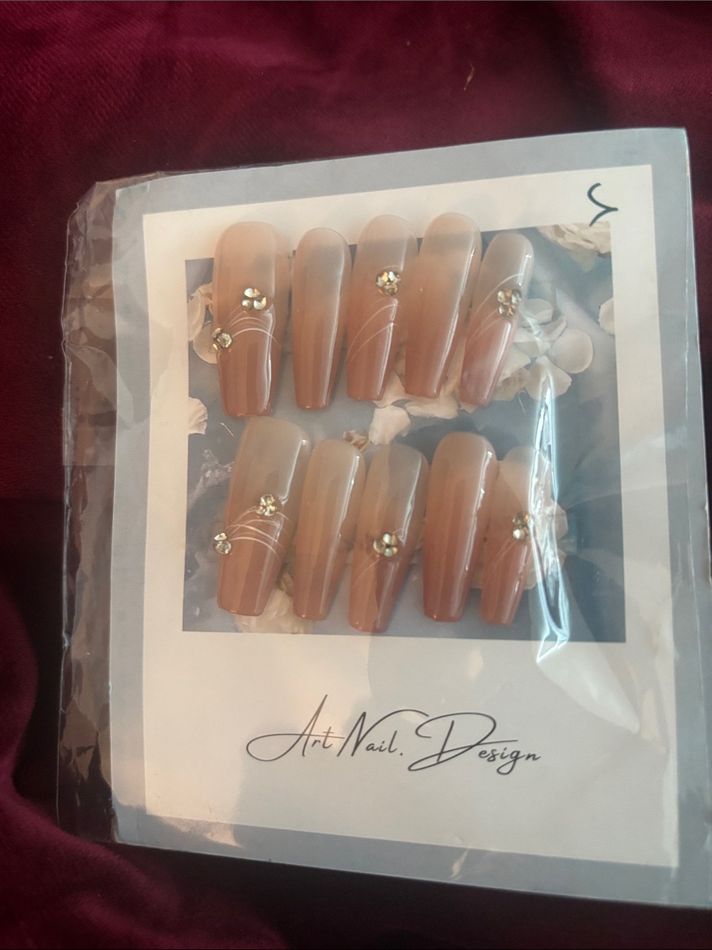 Neutral Nude Long Press-On Nails with Rhinestone Accent